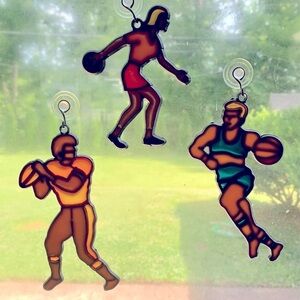 VTG Lot of 3 Stained Glass Style Sun Catcher Sports Basketball Bowling Football